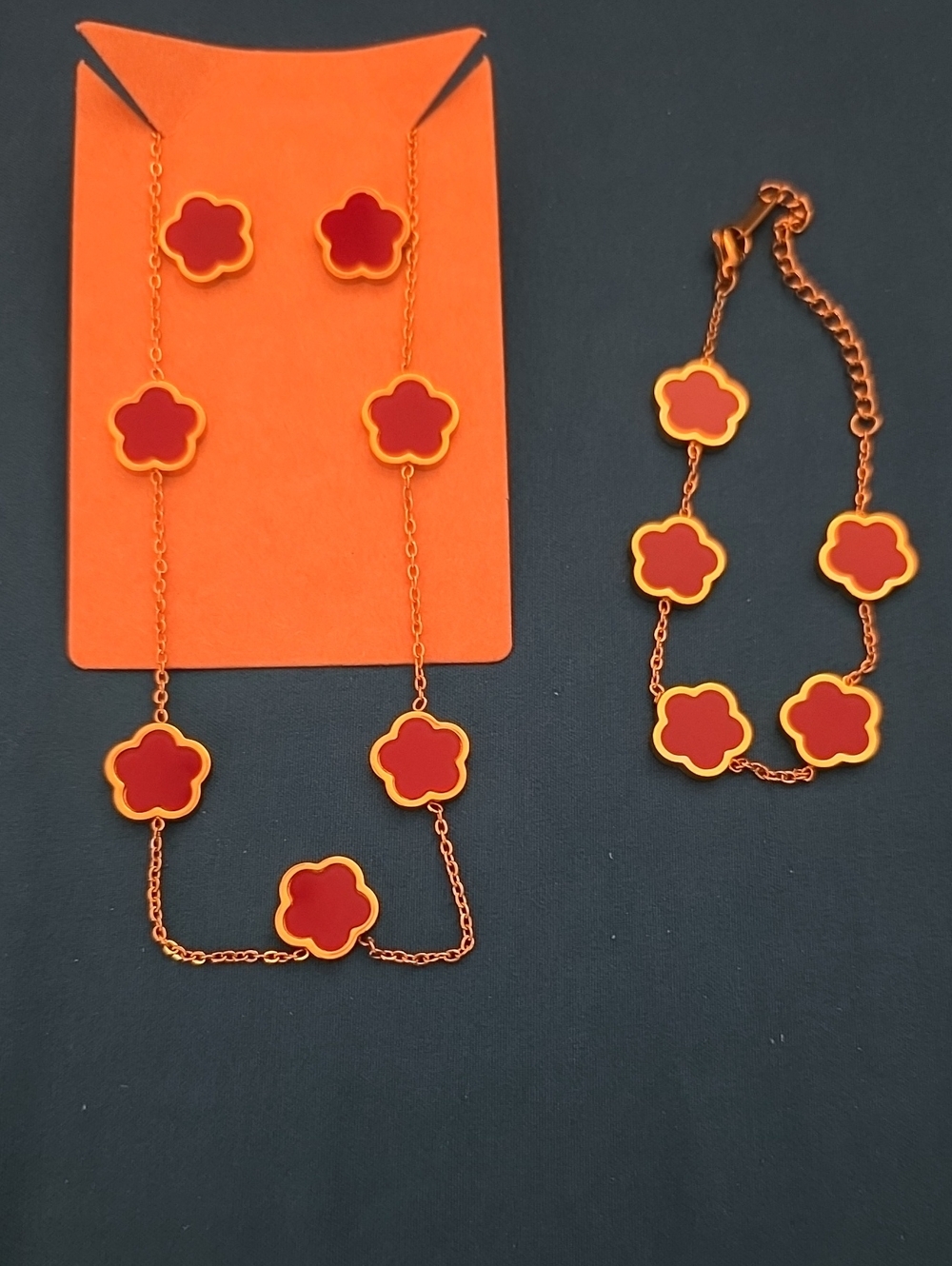 Red Flower Motif Necklace, Bracelet & Stud Earrings Set
